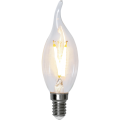Żarówka LED E14 w kształcie płomienia z dwoma filamentami, ciepłe białe światło, przezroczysta dekoracyjna bańka.