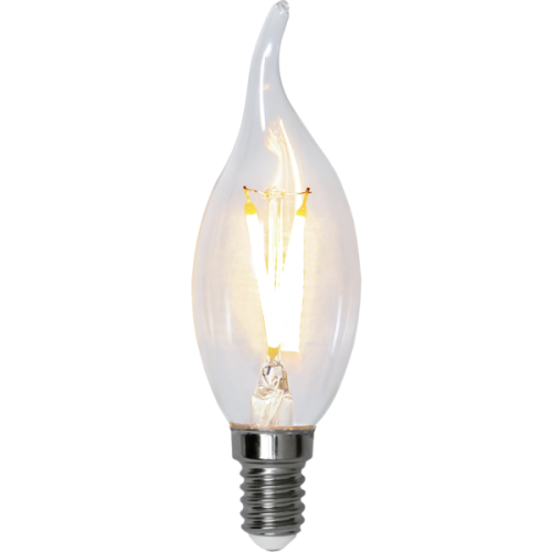 Żarówka LED E14 w kształcie płomienia z dwoma filamentami, ciepłe białe światło, przezroczysta dekoracyjna bańka.