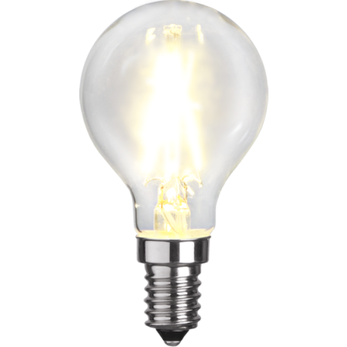 Żarówka LED E14 mini globe z przezroczystą bańką, ciepłe białe światło i dwa filamenty LED, gwint E14.