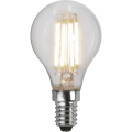 Dekoracyjna żarówka LED filament A45 świecąca ciepłym światłem. Cztery liniowe filamenty LED w przezroczystej bańce i gwint E14 do opraw dekoracyjnych.