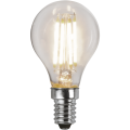 Dekoracyjna żarówka LED filament A45 z liniowymi filamentami LED emitującymi ciepłe światło w przezroczystej bańce z gwintem E14.