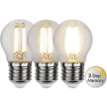 Zestaw trzech dekoracyjnych żarówek LED filament P45 z gwintem E27 pokazujący trzy poziomy jasności światła w funkcji 3-Step Memory. Przezroczyste bańki z liniowymi filamentami LED emitującymi ciepłe światło.