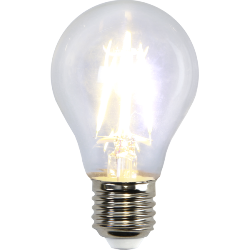 Żarówka LED E27 A60 z czterema filamentami, ciepłe białe światło, przezroczysta bańka i gwint E27.