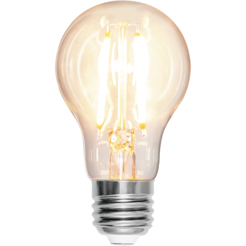 Żarówka LED E27 A60 z czterema filamentami, ciepłe białe światło, przezroczysta bańka i gwint E27.