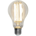 Żarówka LED E27 A60 filament z wieloma liniowymi prętami LED, ciepłe białe światło, przezroczysta bańka i metalowy gwint E27.