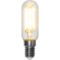 Żarówka LED filament E14 w kształcie tuby z przezroczystym kloszem emitująca ciepłe białe światło, dekoracyjne źródło światła do lamp i opraw ozdobnych.