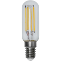 Żarówka LED E14 typu tubular z transparentnym kloszem i widocznymi pionowymi filamentami LED, energooszczędna żarówka dekoracyjna do oświetlenia wnętrz.