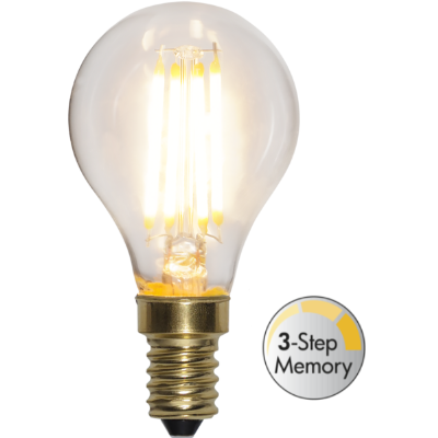 Dekoracyjna żarówka LED filament w kształcie A60 z małym gwintem E14 i funkcją 3-Step Memory. Przezroczysta bańka z czterema filamentami LED emitującymi ciepłe światło do lamp dekoracyjnych i świeczników.