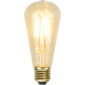 Żarówka LED E27 ST64 z włączonymi filamentami, klasyczny kształt Edison i złoty gwint.