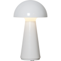 Biała lampa stołowa LED MUSHROOM z kopułowym kloszem i smukłą podstawą, minimalistyczny design na jasnym tle.