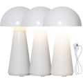 Biała lampa stołowa LED MUSHROOM prezentująca dostępne tryby pracy i różne ustawienia oświetlenia jednej lampy.