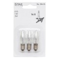 Opakowanie żarówek do świecznika adwentowego E10 marki Star Trading. Trzy przezroczyste żarówki z ryflowanym kloszem umieszczone w plastikowym blistrze, widoczne oznaczenia napięcia i mocy.