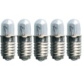 Zestaw 5 mini żarówek E10 z przezroczystą bańką i widocznym żarnikiem, klasyczne źródła światła do świeczników, lampek choinkowych i dekoracyjnych instalacji.