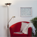 Lampa stojąca z żarówką LED R7S, oświetlenie salonu przy fotelu, ciepłe światło do czytania i relaksu.