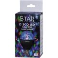 Opakowanie produktu STAR Trading Disco LED E27 RGB, kolorowe grafiki efektów świetlnych, oznaczenie „rotating”.