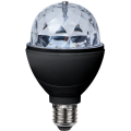 Lampa LED disco E27 z obrotową, pryzmatyczną kopułą, emitująca kolorowe światło RGB, efekt dekoracyjny do imprez i wnętrz.