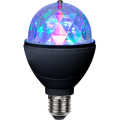 Lampa LED disco E27 z obrotową, pryzmatyczną kopułą, emitująca kolorowe światło RGB, efekt dekoracyjny do imprez i wnętrz.