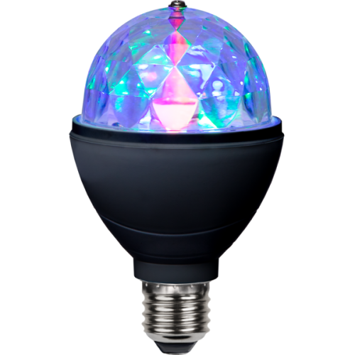 Lampa LED disco E27 z obrotową, pryzmatyczną kopułą, emitująca kolorowe światło RGB, efekt dekoracyjny do imprez i wnętrz.