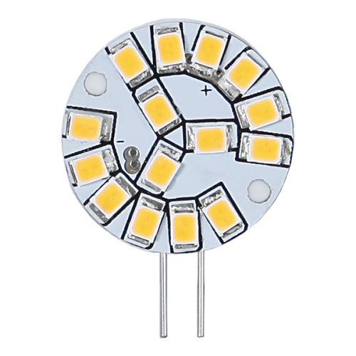 Żarówka LED G4 w formie okrągłego modułu z diodami SMD rozmieszczonymi na płytce, dwupinowy trzonek, ujęcie produktowe na czarnym tle.