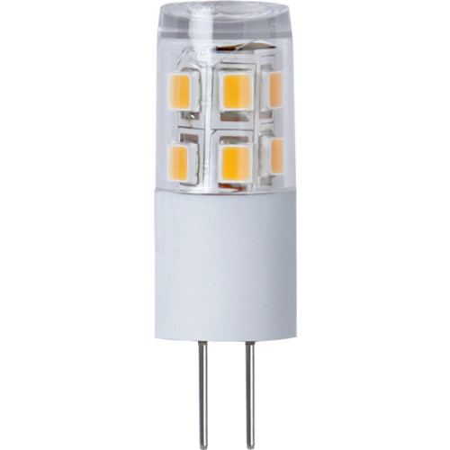 Żarówka LED G4, kompaktowe źródło światła z widocznymi diodami SMD, transparentna obudowa, energooszczędne rozwiązanie do małych opraw.