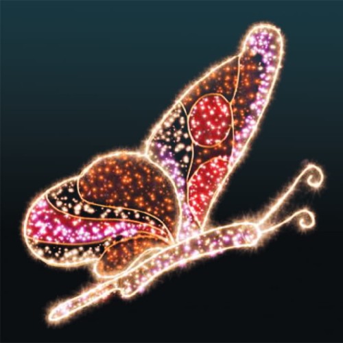 Iluminacja Motyl 2D – dekoracja świetlna LED o wysokości i szerokości 115 cm, z barwnymi skrzydłami w odcieniach czerwieni, różu, fioletu i pomarańczu, 1620 punktów LED.