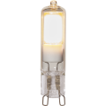 Żarówka LED G9 z przezroczystą obudową i białym modułem świetlnym, kapsułkowy kształt, trzonek pętlowy.