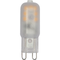 Żarówka LED G9, mleczna obudowa z widocznymi diodami LED, kompaktowe źródło światła do opraw dekoracyjnych i punktowych.