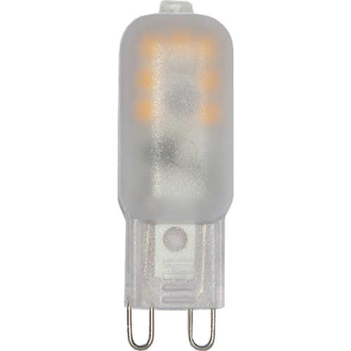Żarówka LED G9, mleczna obudowa z widocznymi diodami LED, kompaktowe źródło światła do opraw dekoracyjnych i punktowych.