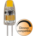 Żarówka LED G4 z przezroczystą obudową i widocznym żółtym modułem COB, kompatybilna ze ściemniaczem, trzonek dwupinowy.