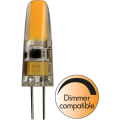 Żarówka LED G4 typu capsule z przezroczystą obudową i żółtym paskiem COB, oznaczenie Dimmer compatible – możliwość płynnej regulacji natężenia światła przy użyciu ściemniacza.