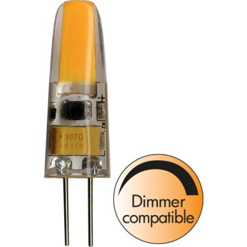 Żarówka LED G4 typu capsule z przezroczystą obudową i żółtym paskiem COB, oznaczenie Dimmer compatible – możliwość płynnej regulacji natężenia światła przy użyciu ściemniacza.