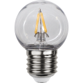 Żarówka LED G45 Filament 1,4W z plastikowym kloszem, widok produktu na białym tle, kompaktowa bańka kulista i gwint E27, dekoracyjne źródło światła do girland.