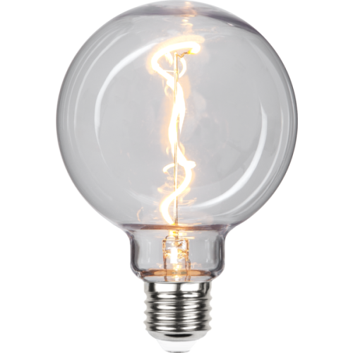 Żarówka LED E27 G95 filament spiralny świecąca, przezroczysta kula z dekoracyjnym skręconym żarnikiem, ciepłe światło, zdjęcie produktowe.