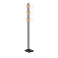 Lampa podłogowa LEVANTARA z czarną metalową konstrukcją, trzema drewnianymi uchwytami i trzema kulistymi żarówkami.