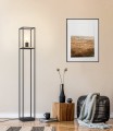 Lampa LIBERTAD z otwartą geometryczną konstrukcją, czarnymi metalowymi profilami i drewnianym elementem pod oprawką E27.