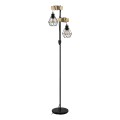 Lampa podłogowa TOWNSHEND 5 z czarnym metalowym stelażem, dwoma drewnianymi ramionami i dwoma ażurowymi kloszami.