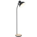 Lampa LUBENHAM z czarnym stożkowym reflektorem skierowanym w dół, wysokim metalowym słupkiem i jasną drewnianą podstawą.