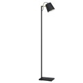 Lampa LACEY z regulowanym czarnym kloszem skierowanym w dół oraz wysoką metalową konstrukcją z drewnianym detalem.