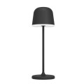 Czarna lampa stołowa LED z okrągłą podstawą, prostą nóżką i klasycznym kloszem.