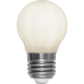 Żarówka LED G45 Filament 2W z białym szronionym kloszem i gwintem E27, kompaktowa dekoracyjna forma do girland świetlnych.