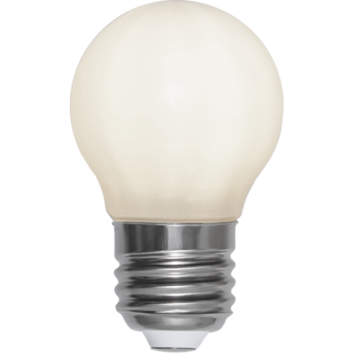 Żarówka LED G45 Filament 2W z białym szronionym kloszem i gwintem E27, kompaktowa dekoracyjna forma do girland świetlnych.