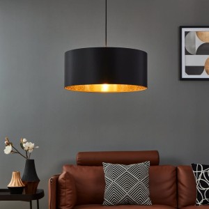 Lampa wisząca ZARAGOZA tkanina z dekoracjami czarny złoty E27