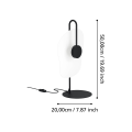 Lampa stołowa LED LARDERIA przedstawiona wraz z liniami wymiarowymi, ukazującymi wysokość oraz proporcje owalnego klosza i podstawy.
