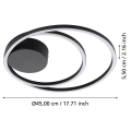 Lampa sufitowa LED RUOTALE przedstawiona wraz z liniami wymiarowymi, ukazującymi proporcje dwóch połączonych okrągłych elementów.