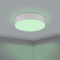 Na suficie lampa LED ROMAO-Z emituje zieloną poświatę RGB wokół okrągłej obudowy, tworząc barwny efekt na jasnej powierzchni.