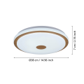 Lampa sufitowa LED LANCIANO 1 przedstawiona wraz z liniami wymiarowymi, ukazującymi średnicę i wysokość okrągłej oprawy.
