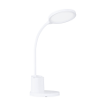 Biała lampa stołowa LED BROLINI 2,1W z prostokątną podstawą, smukłym wygiętym ramieniem i płaską głowicą świetlną.