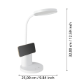 Lampa stołowa LED BROLINI przedstawiona z boku wraz z liniami wymiarowymi, ukazującymi wysokość, podstawę i wygięcie ramienia.