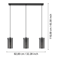 Lampa wisząca PINTO TEXTIL 1 przedstawiona wraz z liniami wymiarowymi, ukazującymi proporcje podsufitki oraz rozmieszczenie trzech kloszy.