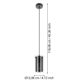 Lampa wisząca PINTO TEXTIL 1 przedstawiona wraz z liniami wymiarowymi, ukazującymi wysokość zawieszenia oraz proporcje cylindrycznego klosza.